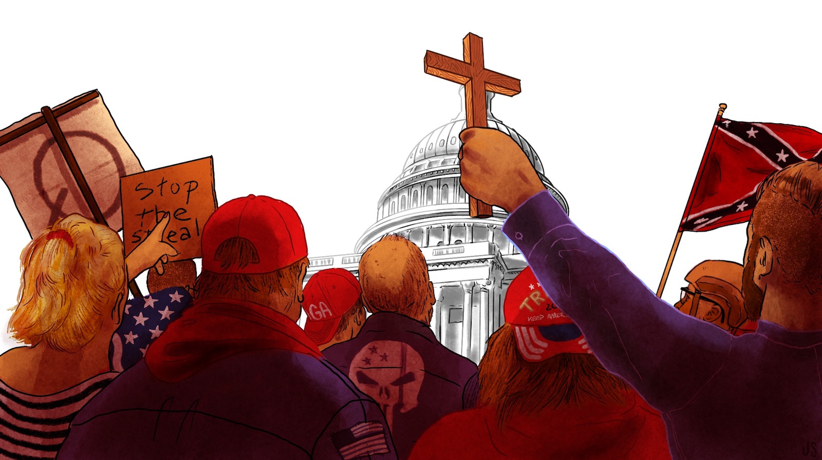 An illustration shows a group of people from behind facing the U.S. Capitol. Among them are people holding up a cross, a Confederate flag and a sign that reads, “Stop the steal.”