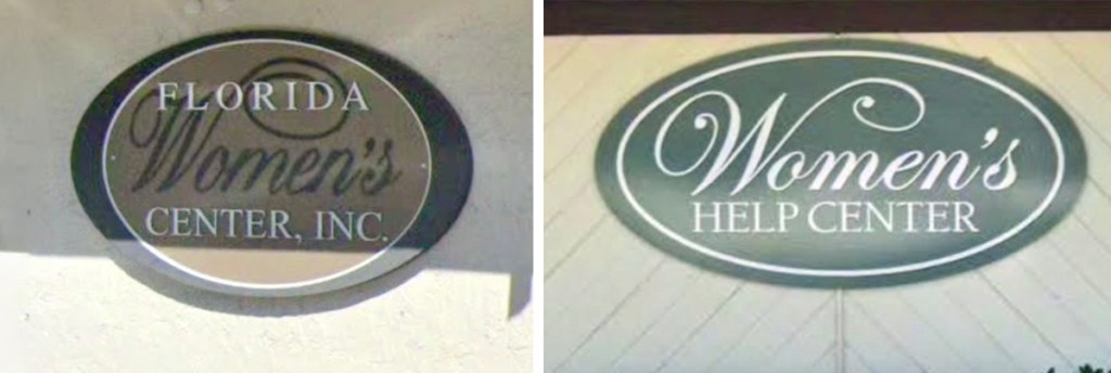 Logos for the similarly named Women’s Help Center and Florida Women’s Center share nearly identical oval shapes and traditional typefaces.