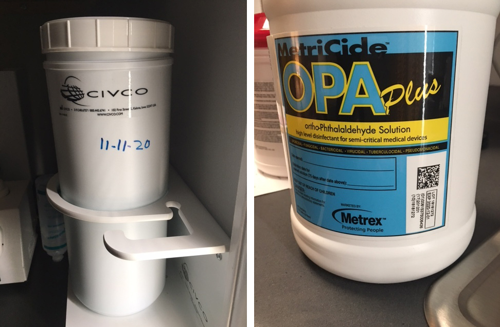 Photos of MetriCide OPA Plus and disinfectant that are marked with expiration dates of November 2020 and December 2020, respectively.